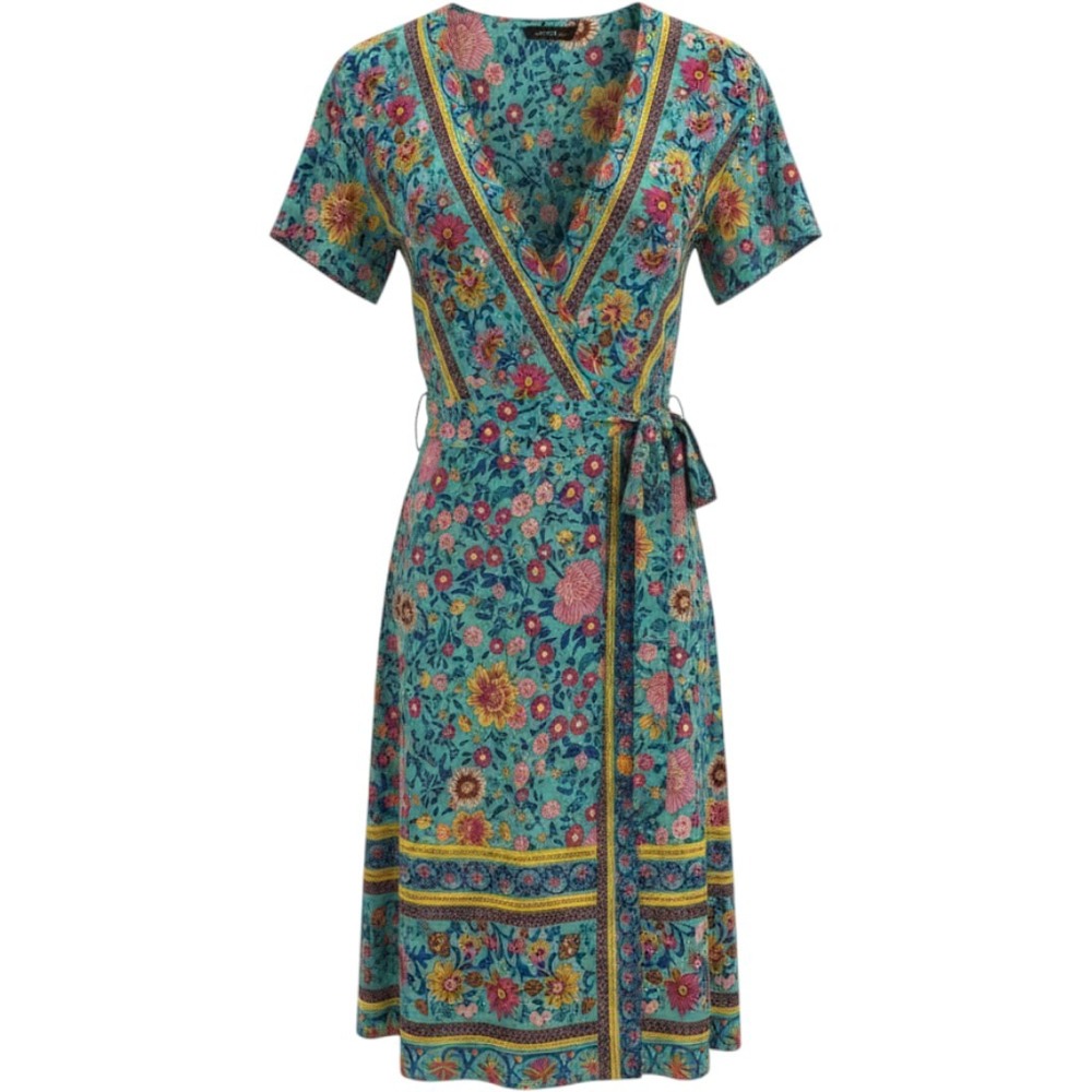 Temofon Womens Turquoise Floral Cotton Wrap Dress Short Flutter Sleeve Boho L